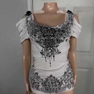 Vintage y2K Rhapsody Shirt Small Buckle Cold Shoulder Floral print Top Baby DD16